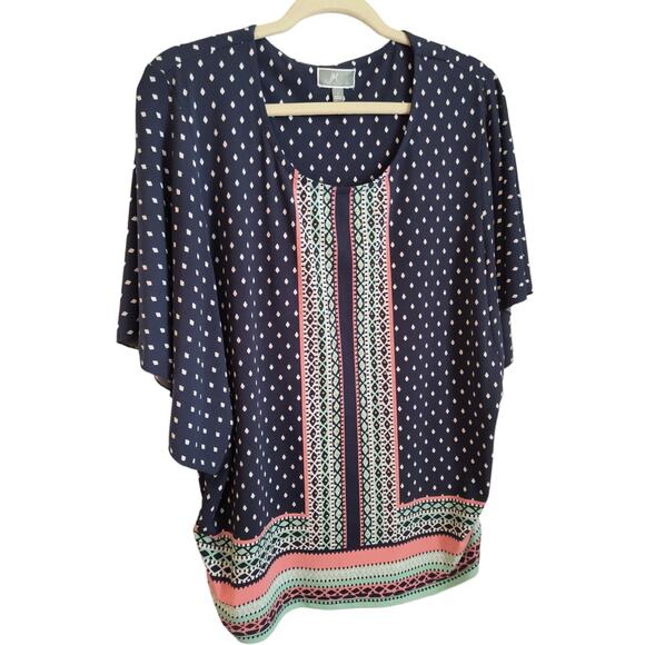 JM Collection Tunic Top Women's Sz L Blue Mixed Print Angel Sleeve Popover - Picture 11 of 11